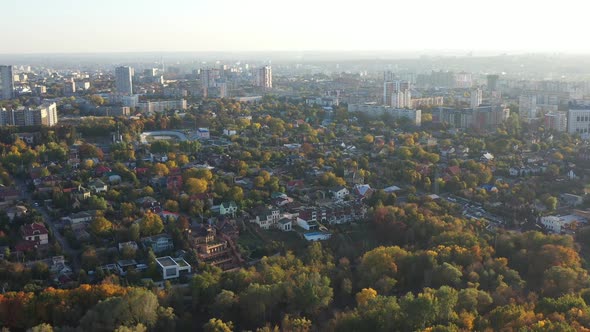 Multicolored Fall Trees in City Park. Autumn Kharkov City Aerial View. Beautiful Autumn City Park