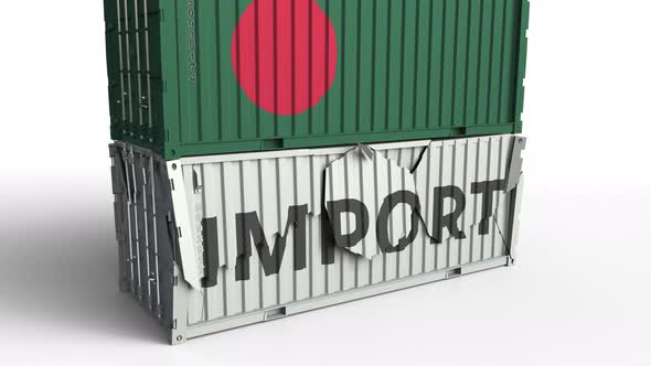 Container with IMPORT Text Being Crashed with Container with Flag of Bangladesh