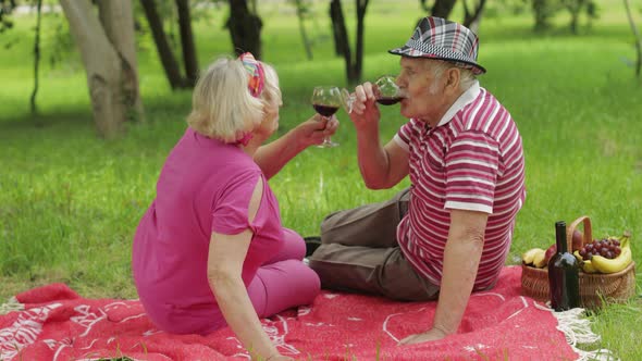 Family Weekend Picnic in Park. Senior Old Couple Sit on Blanket and Drink Wine. Making a Kiss. Love