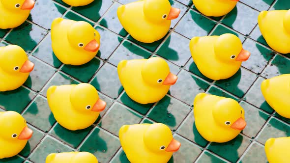 Rubber ducks for fun in the bath. Cute yellow toys are jumping in one direction.