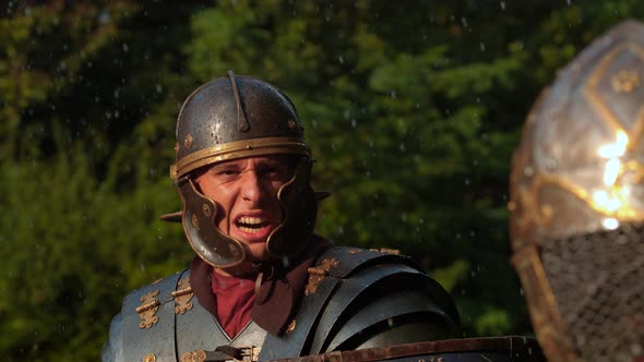 Roman soldier fighting, ultra slow motion