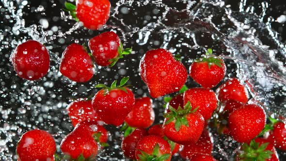 Super Slow Motion Shot of Flying Fresh Strawberries and Water Side Splash on Black at 1000 Fps