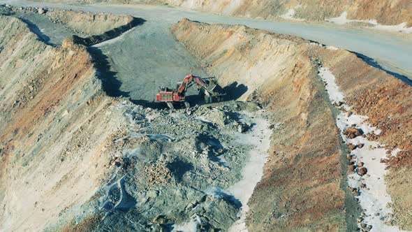 Top View of an Excavator Working in the Copper Mine