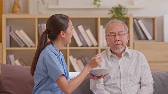 Young Asian nurse feeding breakfast to senior man at couch. Old Asian man with white beard enjoy his