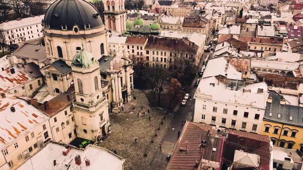 Aerial view of a drone flying over the building.