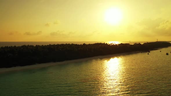 Aerial drone shot travel of relaxing sea view beach wildlife by aqua blue lagoon with clean sandy ba