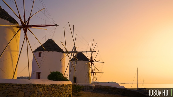 Mykonos Greek Island Windmills at Sunset