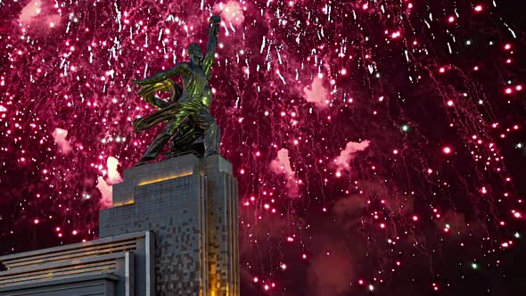 fireworks and soviet monument Rabochiy i Kolkhoznitsa, Moscow, Russia.Made of in 1937