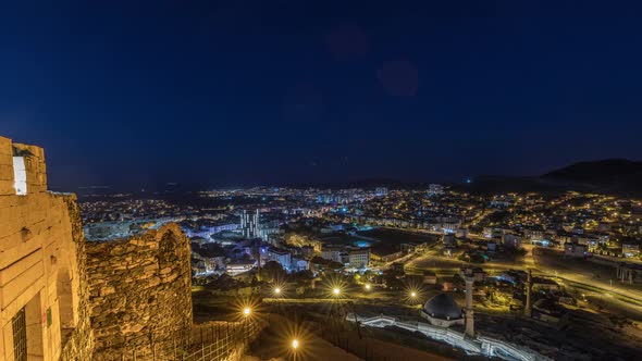 Aerial View From Old Castlethe in Historical City Town of Nevsehir Night Timelapse