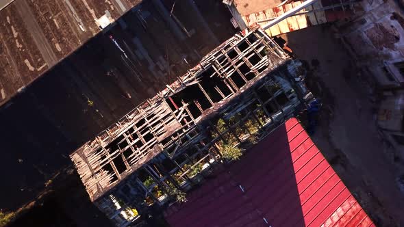 Trees growing out of a roof of an abandoned house. Aerial shot 4k