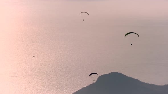 Paragliders Flying With Paragliding in Sky Over the Forest, Mountain Top and Sea
