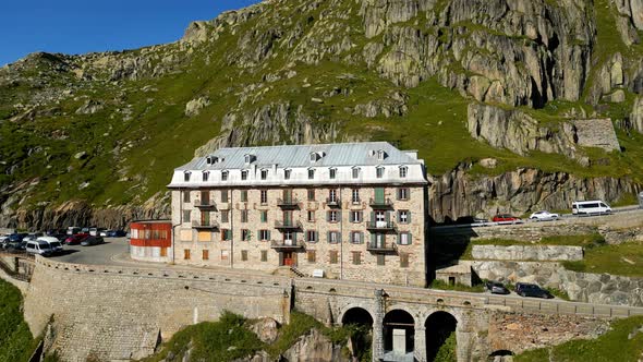 Famous Hotel Belvedere at Furka and Grimsel Pass Mountain Road in Switzerland