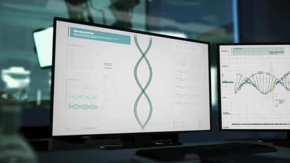 DNA helix visualization software is scanning through the genetic structure