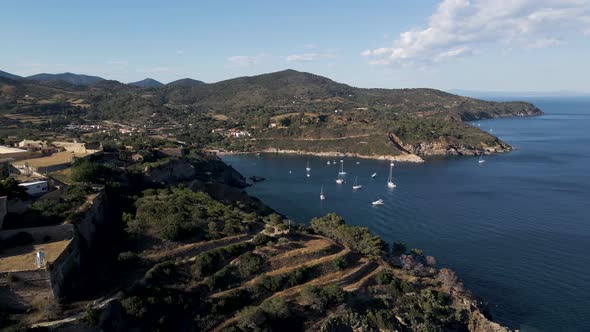 Aerial view of luxury boats in Porto Azzurro, Elba Island, Tuscany, Italy.