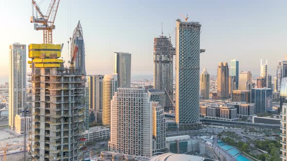 Dubai Downtown in the Evening Timelapse in Bright Yellow Sunset Light