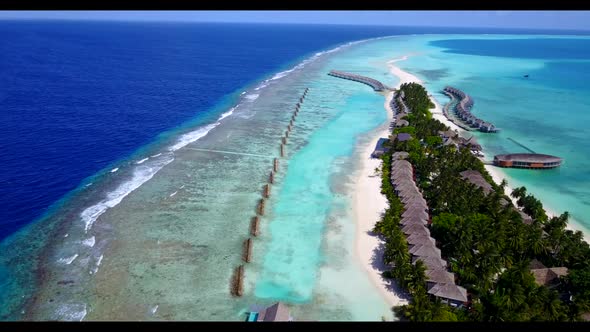 Aerial flying over abstract of tropical sea view beach journey by shallow lagoon with white sand bac