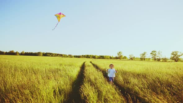 Side View of Field in Nature on Little Boy Who Stands and Controls Kite Flying in Wind in Summer