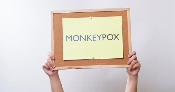 Woman hand shows a sheet of paper with the inscription monkeypox. A new virus in medicine. Infectiou