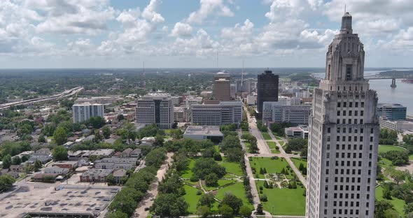 Aerial of Louisiana State Capital building and surrounding area in Baton Rouge, Louisiana