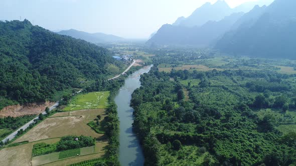 River near town of Vang Vieng in Laos seen from the sky