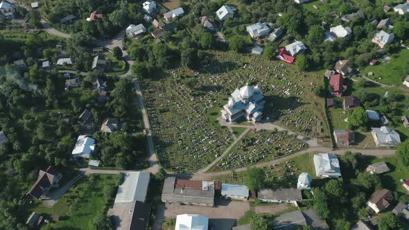 Aerial View of the Church and Cemetery in the Countryside