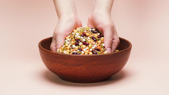 Closeup of Taking Mixture of White and Red Beans Chickpeas Mung and Lentils From Bowl