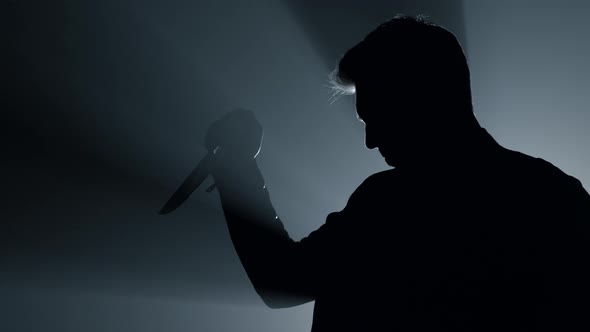 Silhouette Cruel Killer Stabbing with Knife Indoors