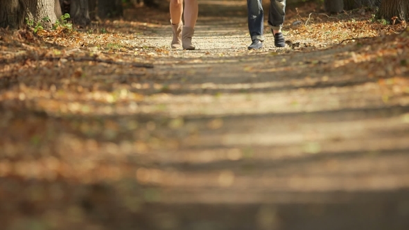 Woman And Man Walking On Footpath In Autumn