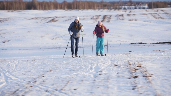 Cross-Country Skiing On Field.