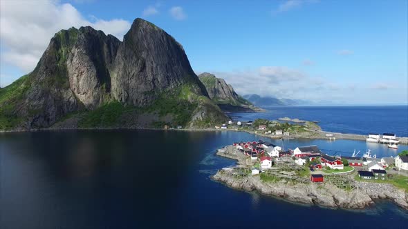 Aerial footage of village Hamnoya on Lofoten islands in Norway.