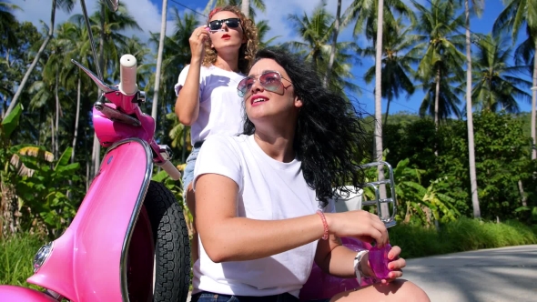 Happy Lifestyle Of Summer Girls On Vespa Scooter