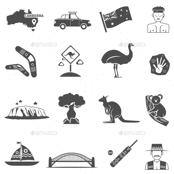 Australia Black White Icons Set