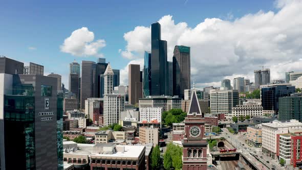 Aerial View Seattle Washington Union Station Clear Summer Day 4K UHD