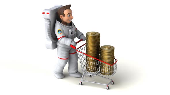 Fun 3D cartoon astronaut shopping with bitcoins alt