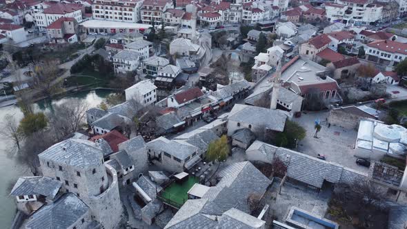 Aerial Drone View Of City Of Old Bridge And Neretva River In Mostar 4K