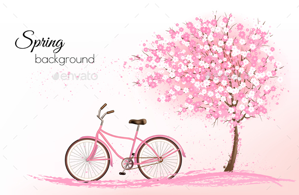 Spring Background with a Blossoming Tree and Bike