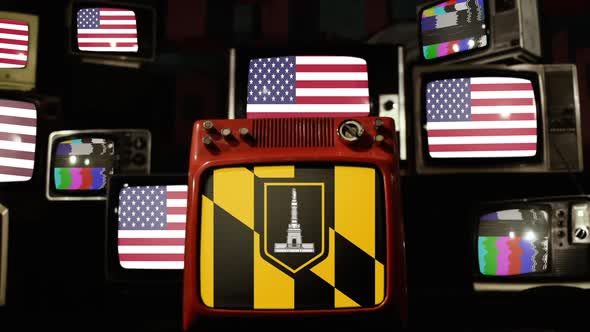 Flag of Baltimore and US Flags on Retro TVs.