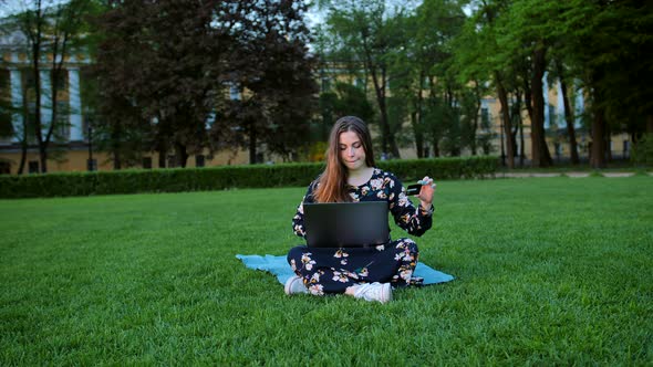 A Female in Summer Dress with a Laptop and a Credit Card Outdoors