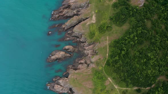 Drone flight above a picturesque rocky coastline