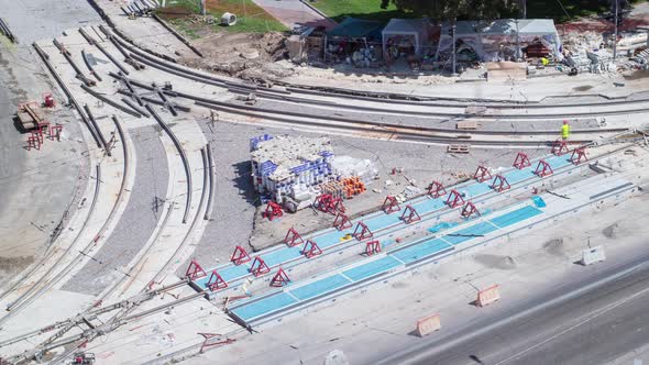 Road Construction Site with Tram Tracks Repair and Maintenance Aerial Timelapse