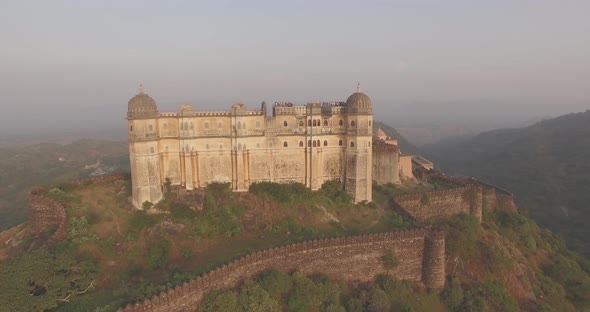 A fast panoramic aerial view of 15th Century Hill Fort of Kumbhalgarh in Rajasthan