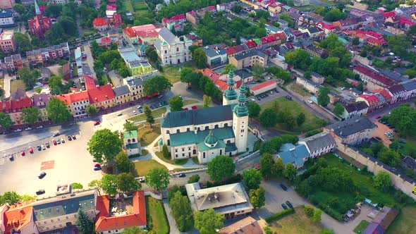 Landscape of the old town from the air with the visible. View on historic buildings on the market. L