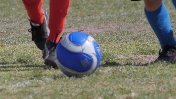 Young boys playing in a youth soccer league game.