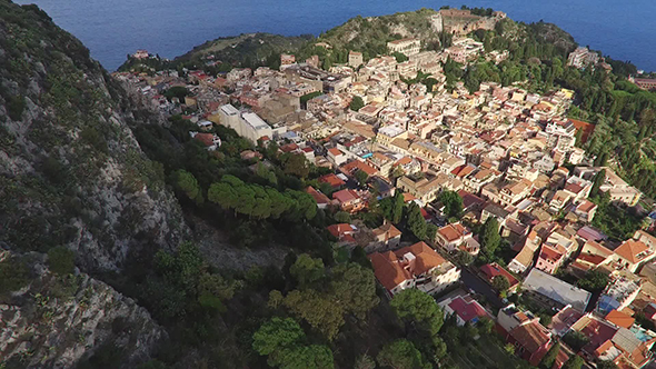 Landscape By Village Taormina With Old Houses, Italy