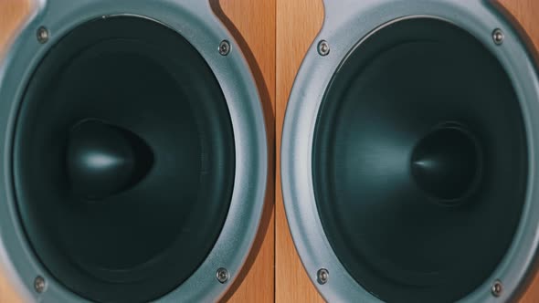 Two Audio Speakers Vibrate From Sound Bass in Slow Motion Stereo Closeup
