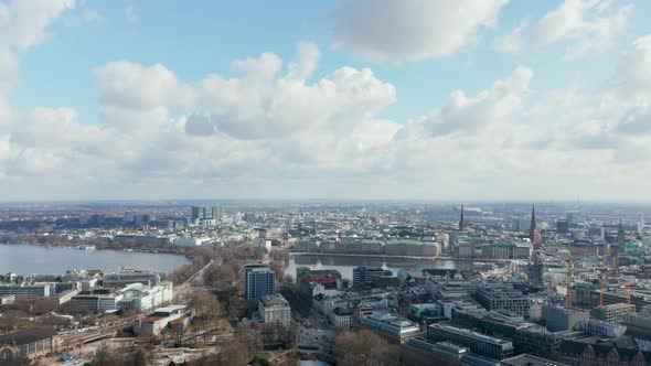 Panoramic Aerial View of Hamburg City Center with Church Spires Rising Above the Cityscape
