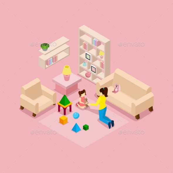 Mother and Daughter Playing Isometric Banner