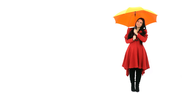 Woman Enters with Yellow Umbrella From Left