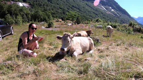 Brunette tourist is bonding and cuddling with happy cow relaxing in the grass - Cattle in outdoor mo