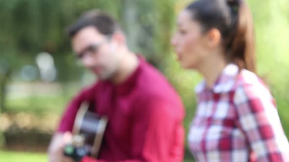 Young Couple Playing Guitar And Singing In Park 2